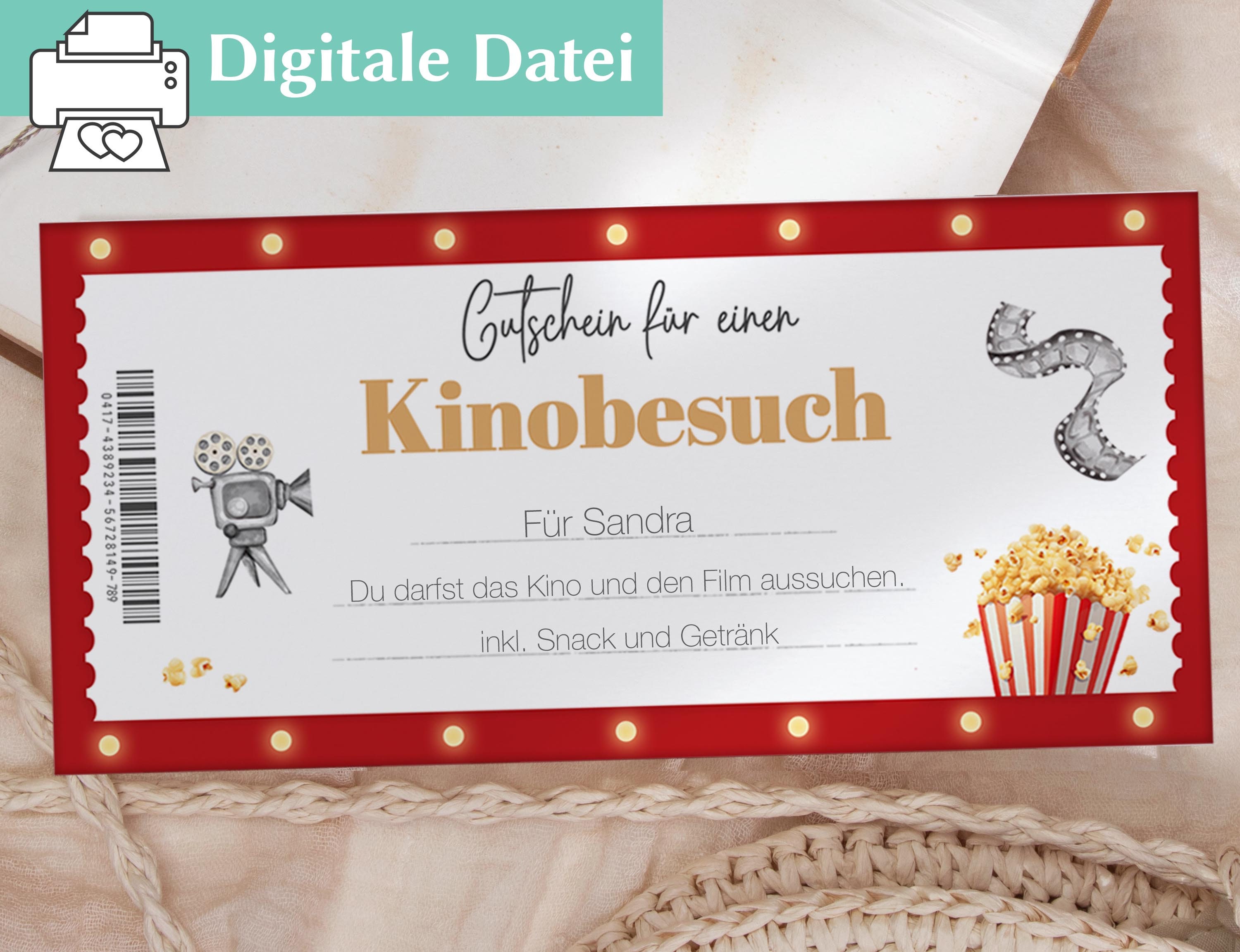 Gutschein Kino Geschenkgutschein Vorlage Personalisierter Gutschein zum  ausdrucken Kinogutschein Kino Einladung personalisiert