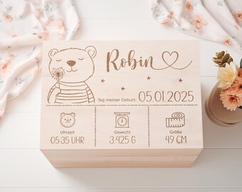 Personalisierte Erinnerungskiste zur Geburt mit süßem Bärenmotiv, Gravur von Name und Geburtsdaten, liebevolle Holzbox für Babyandenken