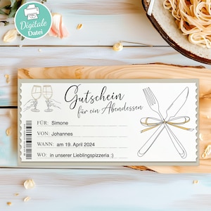 Gutschein Essen Gehen Vorlage zum Ausdrucken Gutscheinvorlage Abendessen PDF Download Restaurant Besuch Geschenkgutschein