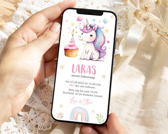 デジタル子供の誕生日招待状 |ユニコーンパーティー | 1 歳の誕生日の招待状 |電子カード | WhatsApp 経由で送信 |子供の誕生日