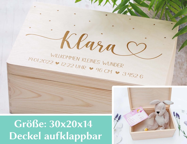 May include: A wooden keepsake box with a hinged lid, engraved with the name "Klara" and the text "Willkommen kleines Wunder 14.01.2022 12:22 Uhr 46 CM 3.452 G". The box is 30 inches by 20 inches by 14 inches.