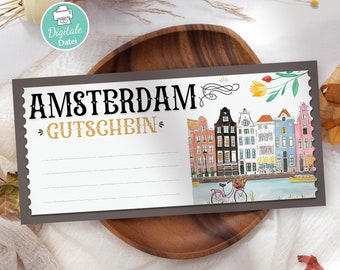 Gutschein Vorlage Amsterdam, Reisegutschein zum Ausdrucken Reise nach Holland Urlaubsgutschein Amsterdam PDF