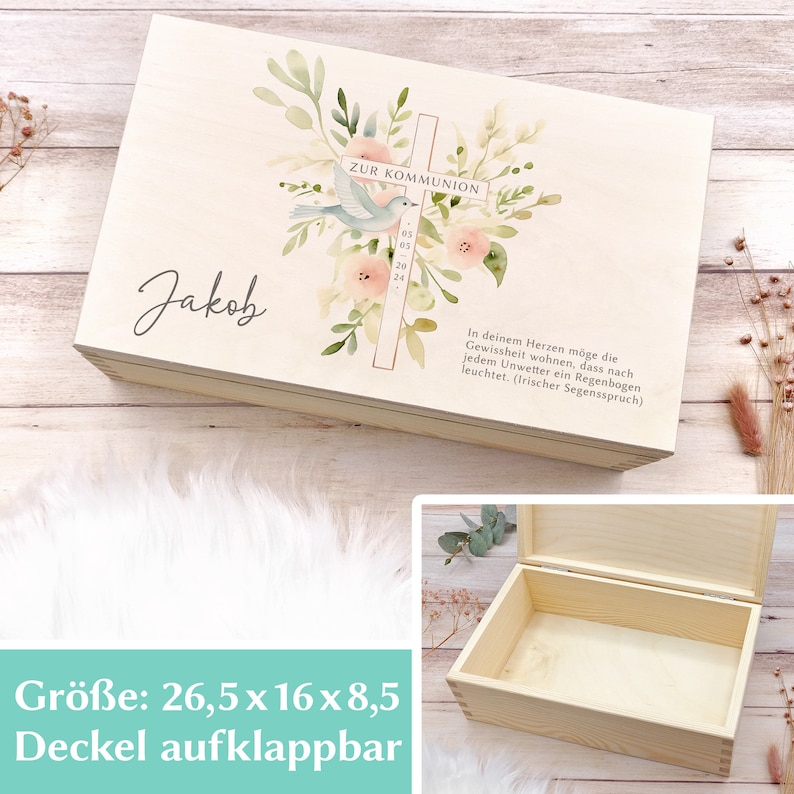 Geschenk zur Kommunion, personalisierte Holzkiste, Geschenk zur Erstkommunion Aufbewahrung für Kerze, Gebetsbuch, Geldgeschenk 26,5 x 16 x 8,5 cm