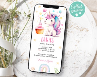 Digitale Einladung Kindergeburtstag Einhorn | selbst gestalten | E-Card Kindergeburtstag |  1. Geburtstag | Geburtstagsparty Mädchen