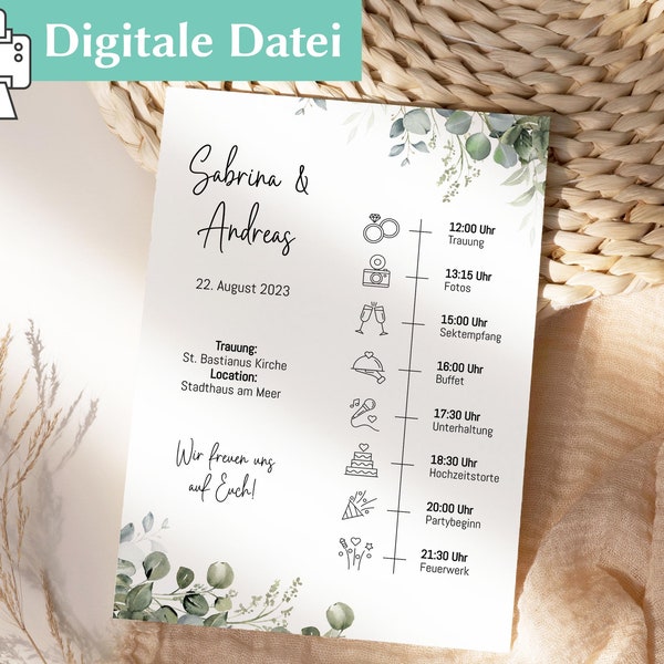 Ablaufplan Hochzeit | Karten | Hochzeitstag Ablauf | Druckvorlage | Tagesplan Hochzeit | Template | Digitales Produkt | A5