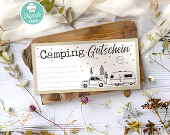 Camping Gutschein Vorlage, Reisegutschein Camping Caravan Ausflug, Gutscheinvorlage zum Ausdrucken Digitaler Geschenkgutschein