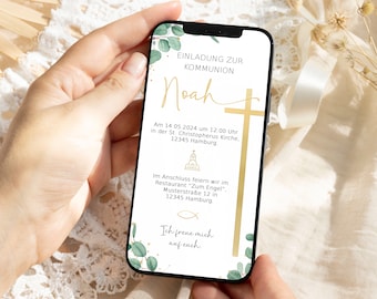 May include: A digital invitation for a communion celebration for Noah. The invitation features a gold cross, a church icon, and a fish symbol. The text reads "Einladung zur Kommunion Noah Am 14.05.2024 um 12:00 Uhr in der St. Christopherus Kirche. 12345 Hamburg. Im Anschluss feiern wir im Restaurant "Zum Engel", Musterstraße 12 in 12345 Hamburg. Ich freue mich auf euch."