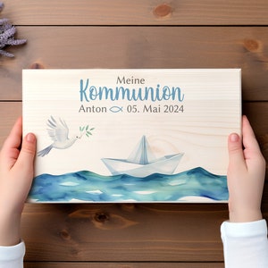 Kommunion Erinnerungskiste mit Namen, Personalisiertes Geschenk zur Erstkommunion Aufbewahrung für Kerze, Gebetsbuch und mehr Bild 4