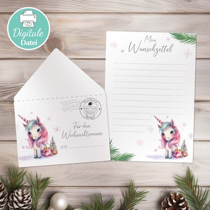 Wunschzettel Vorlage PDF | Brief an den Weihnachtsmann | Wunschzettel zum Ausdrucken | digitale Datei | Einhorn Motiv | Wunschzettel Ideen