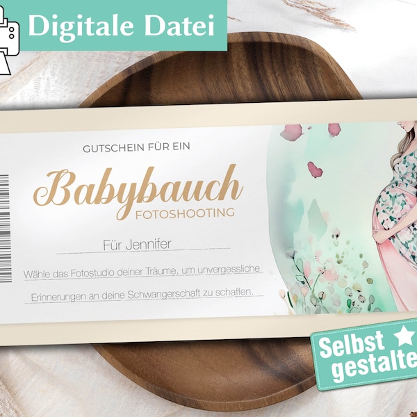 Babybauch Shooting Gutschein | Editierbar - Geschenkgutschein Vorlage | Geschenk zur Schwangerschaft | Geschenk für werdende Eltern