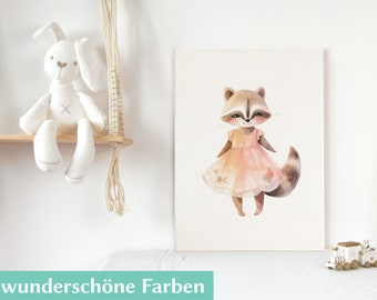 Waschbär Mädchen Kinderbild | Druck auf Holz | Kinderzimmerdeko | Wanddeko Kinderzimmer | Kinderbilder Tiere | Kindergeburtstag Dekoration