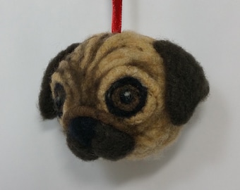Pug ornament, hand sculpted, needle felted with wool and has a red ribbon hanger, year round ornament, ready for shipping