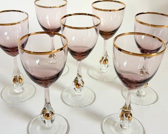 ゴールド装飾の紫ガラス製ワイングラス5個セット 1970年代ヴィンテージ