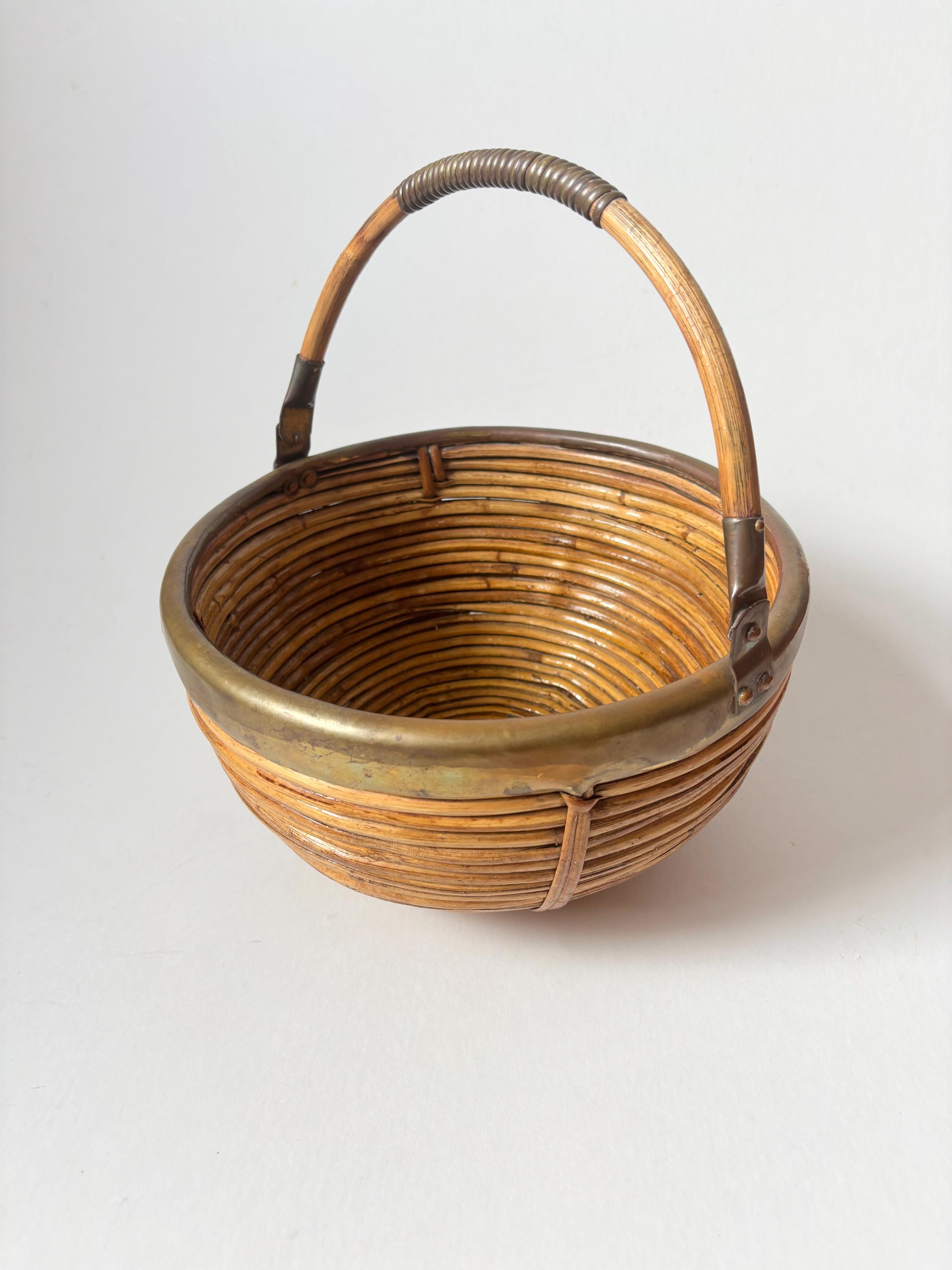 Large Vintage 1970's Italian Brass Rimmed Pencil Bamboo Basket