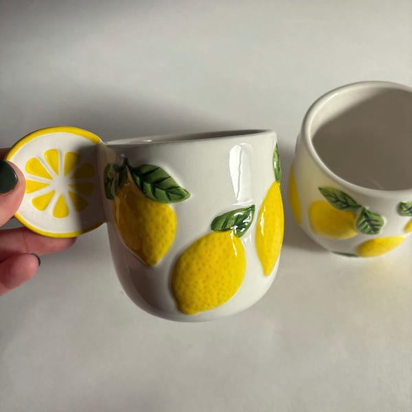 Vintage Lemon Ceramic Mugs with Slice Handles (Set of 2)