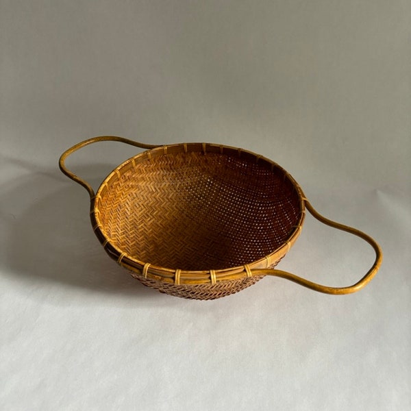 Vintage Thai Double Handled Hand Woven Colander, Basket, Boho Wicker Wall Decor, Rustic, Kitchen Home Decor