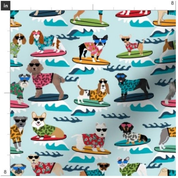 Surfing Dogs Fabric By The Yard | Summer Beach Fabric | Beach Dog | Dog Head Print | Made To Order Fabric By The Yard