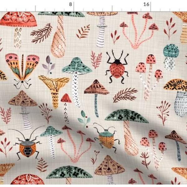 Pilzen Beetle Fabric | Pink Beetle Bug Fabric By The Yard | Mushroom Fabric | Beetles and Mushrooms | Made To Order Fabric By The Yard