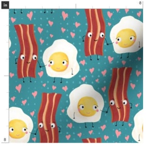 Bacon And Egg Love Valentine Fabric By The Yard | Hearts | Candy Heart Suckers | Valentine&#39;s Day Fabric | Hearts Fabric | Made To Order