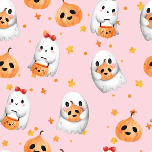 Ghosts and Pumpkins on Pink Halloween Fabric By The Yard | Watercolor Halloween Fabric | Watercolor Ghosts | Spooky Fabric | Print To Order