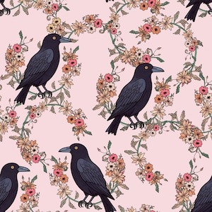 Floral Black Bird Fabric: Gothic Halloween Cottagecore Fabric By The Yard
