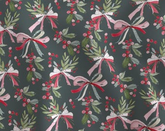 Boughs and Berries on Green Christmas Fabric By The Yard | Traditional Christmas Fabric | Holiday Greenery | Print To Order