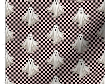 Halloween Fabric By The Yard | Checkerboard Ghosts | Cute Ghosts | Ghost Fabric | Checkered Fabric | Pink and Black Checkerboard