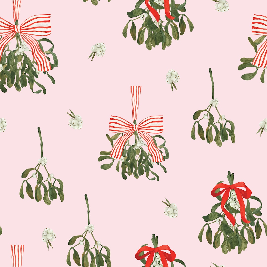 Mistletoe on Pink Christmas Fabric by the Yard Winter Berries Floral