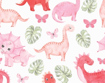 Watercolor Pink Dinosaurs Fabric By The Yard | Prehistoric Dinos | Print To Order Fabric