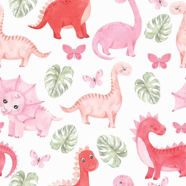 Watercolor Pink Dinosaurs Fabric By The Yard | Prehistoric Dinos | Print To Order Fabric