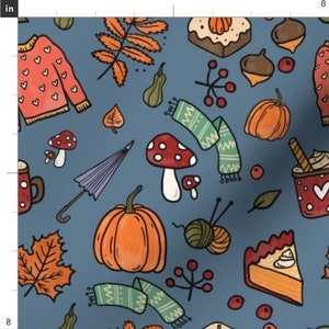 Cozy Autumn Fabric By The Yard | Fall Fabric | Seasonal | Pumpkins | Leaves | Acorns | Sweaters | Pie