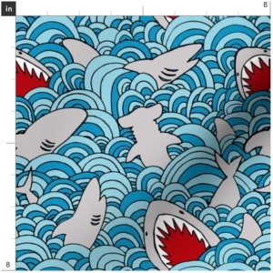 Shark Attack Fabric By The Yard | Shark Wave Fabric | Shark Fabric | Ocean Fabric | Under The Sea | Made To Order Fabric By The Yard