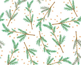 May include: A seamless pattern featuring green pine branches with brown stems and small orange dots on a white background.