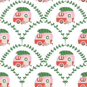 Retro Christmas Camper Fabric: Scalloped Pink Holiday Fabric By The Yard