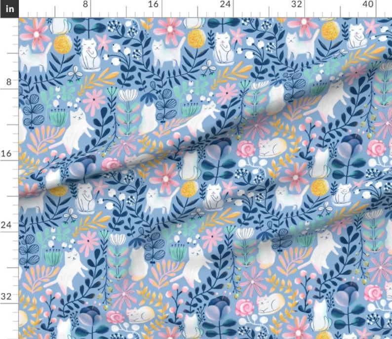 Big Spring White Cats Fabric By The Yard | Cat Fabric | Kitten Lover | Watercolor Cat Fabric | Made To Order Fabric By The Yard Yard
