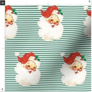 Vintage Santa On Green Stripes Fabric By The Yard | Christmas Fabric | Santa Claus | Holiday | Retro | Classic | Organic