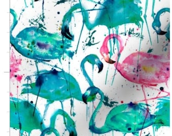 Teal Flamingo Fabric By The Yard | Flamingo | Pink Flamingos | Tropical Birds | Tropical Fabric | Made To Order Fabric By The Yard