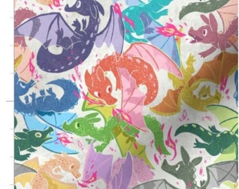 Rainbow Dragons Fabric By The Yard | Multicolored Dragons | Dragons | Fantasy Fabric | Made To Order Fabric By The Yard