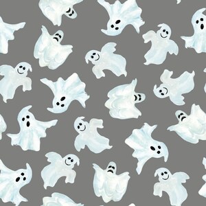 K&ouml;nnte beinhalten: Ein nahtloses Muster aus wei&szlig;en Geistern mit schwarzen Augen und M&uuml;ndern auf grauem Hintergrund. Die Geister befinden sich in verschiedenen Positionen und Gr&ouml;&szlig;en und schaffen ein lustiges und festliches Halloween-Design.
