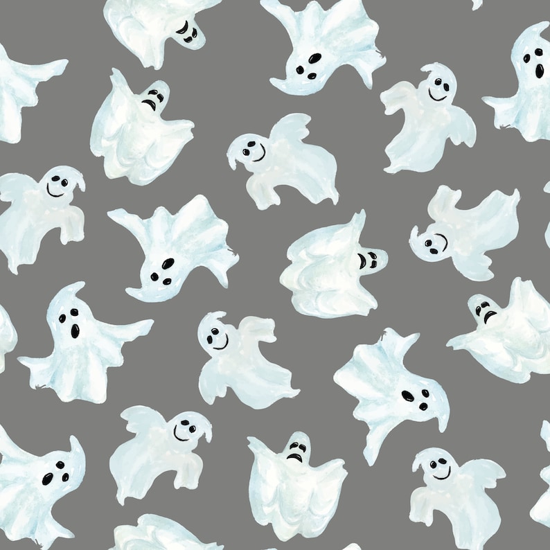 K&ouml;nnte beinhalten: Ein nahtloses Muster aus wei&szlig;en Geistern mit schwarzen Augen und M&uuml;ndern auf grauem Hintergrund. Die Geister befinden sich in verschiedenen Positionen und Gr&ouml;&szlig;en und schaffen ein lustiges und festliches Halloween-Design.