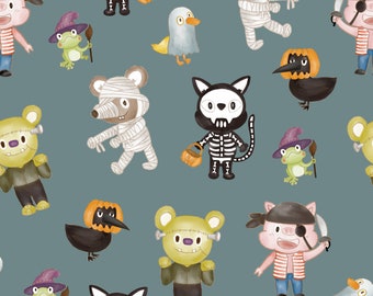 Halloween Animals | Halloween Fabric By The Yard | Mummy | Skeleton | Pirate | Ghost | Seasonal | Custom Fabric | Watercolor Halloween