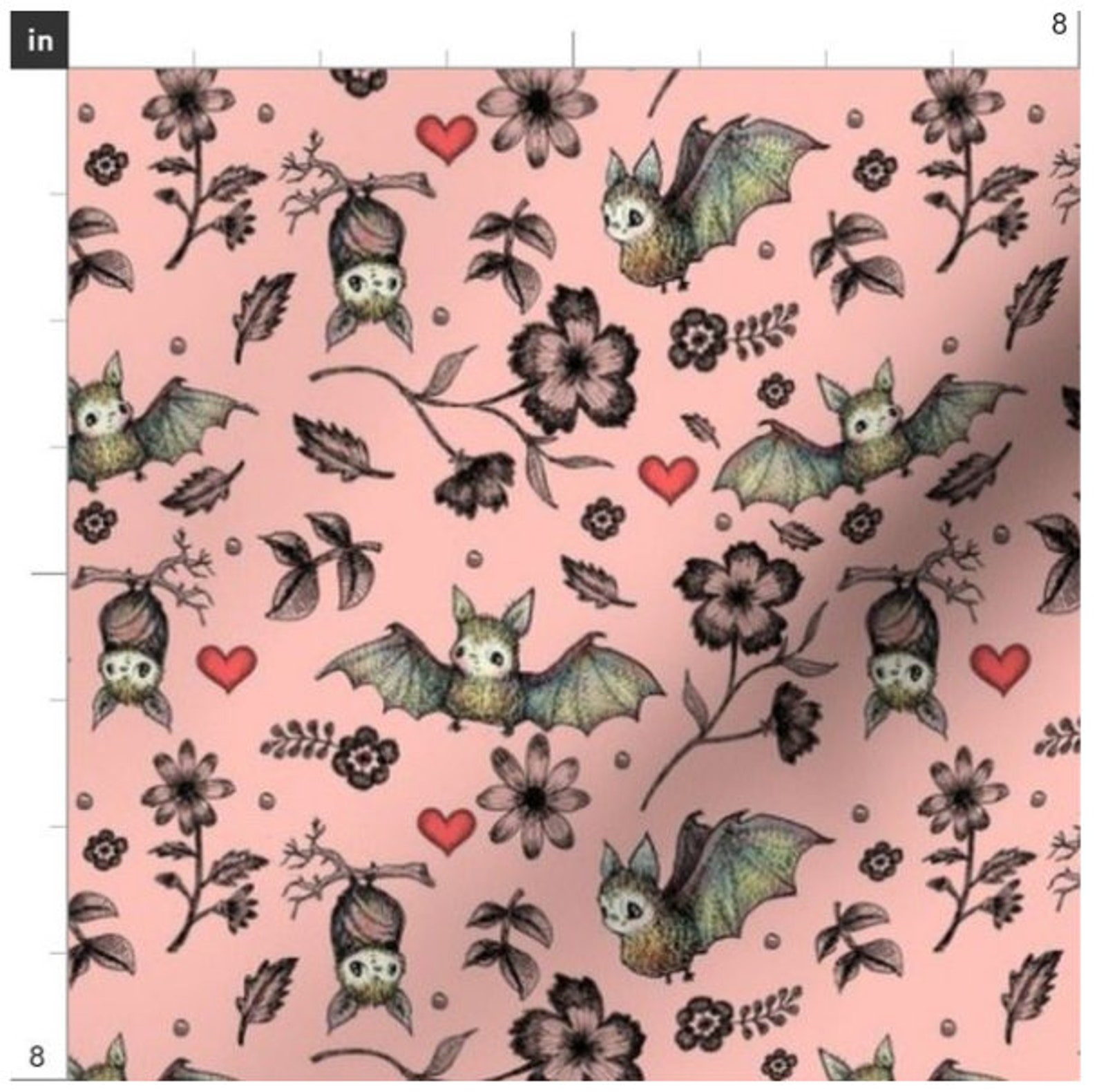 Small Bats and Hearts in Pink Fabric Pink Bat Fabric by the Etsy