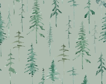 Pinos de acuarela sobre tela verde cortados a medida / Tela de pino / Tela de bosque / Tela de árboles forestales / Árboles verdes / Tela hecha a pedido