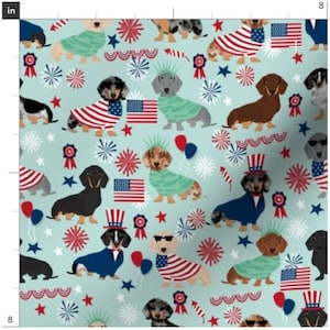 Blue 4th Of July Dachshund Fabric By The Yard | Doxie Fabric | Flowers Dog | Dog Head Print | Made To Order Fabric By The Yard