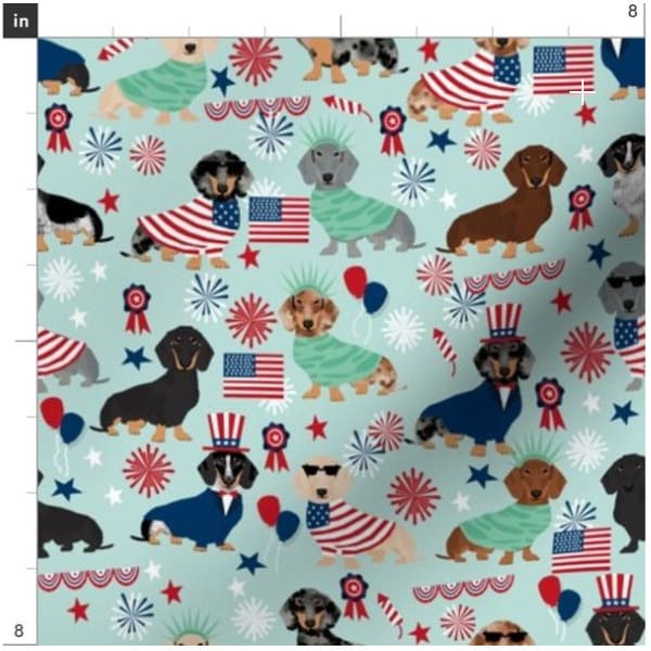 Blue 4th Of July Dachshund Fabric By The Yard | Doxie Fabric | Flowers Dog | Dog Head Print | Made To Order Fabric By The Yard