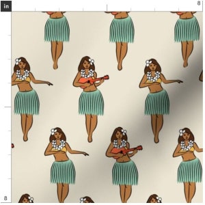 Retro Hula Girl Summer Fabric By The Yard | Hawaii | Grass Skirts | Hula Dancer | Mint | Made To Order | Organic