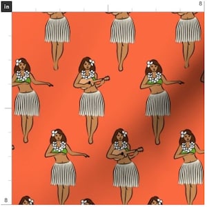 Pomarańczowa Retro Hula Girl Summer Fabric cięta na wymiar | Hawaje | Spódnice z trawy | Tancerka hula | Wykonane na zamówienie | Organiczne