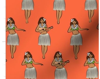 Orange Retro Hula Girl Summer Fabric By The Yard | Hawaii | Grass Skirts | Hula Dancer | Made To Order | Organic