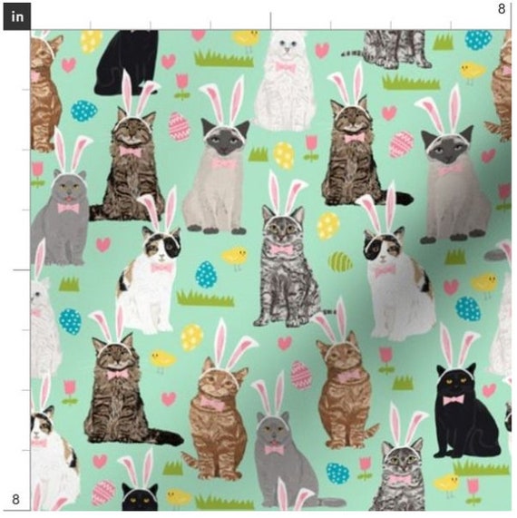 Kitty Cat Easter Bunnies Fabric By The Yard | Easter Bunnies | Bunny Fabric | Easter Rabbit | Cats With Rabbit Ears | Spring | Made To Order