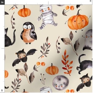 Cute Halloween Fabric By The Yard | Watercolor Halloween | Bats | Owls | Mummy | Pumpkins | Custom Fabric | Print To Order